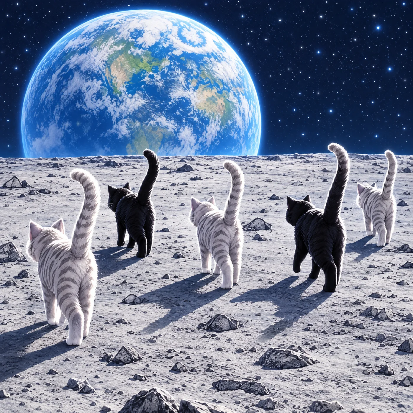 Five cats on the moon: colour illustration