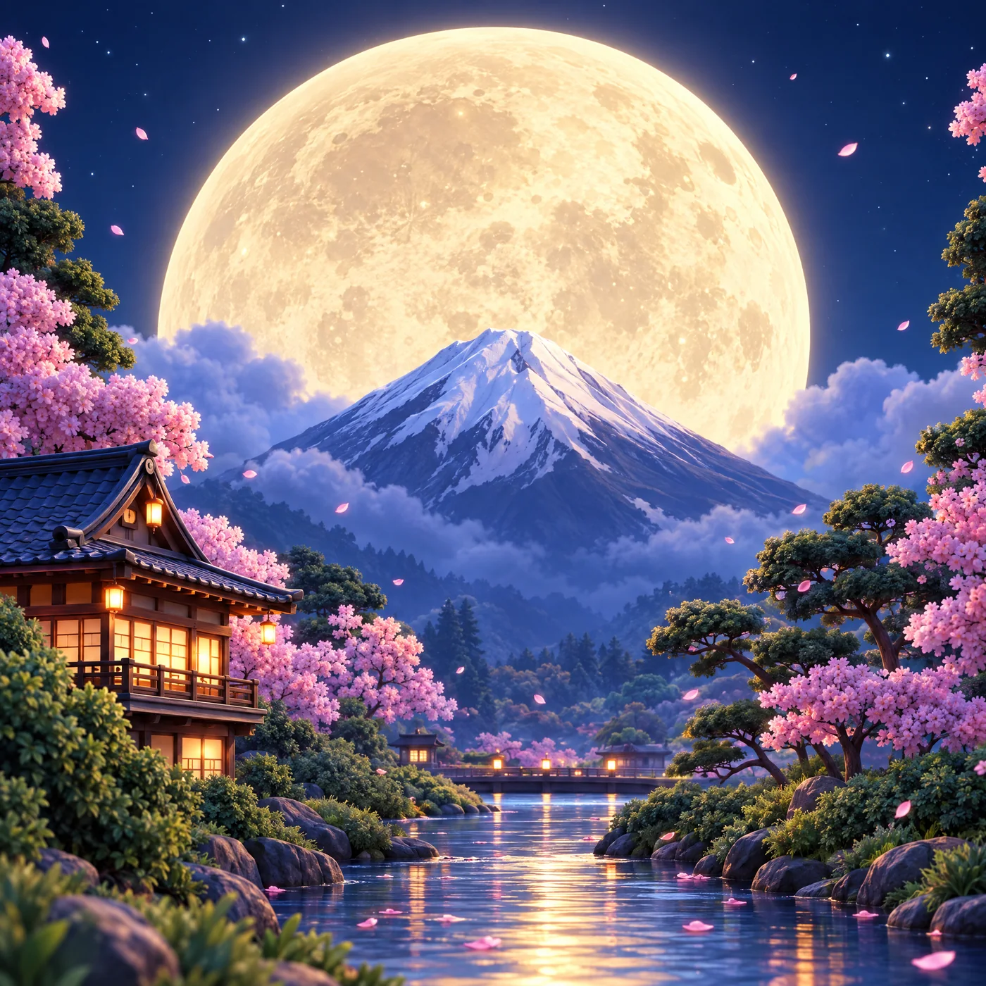 Fuji under a full moon: colour illustration
