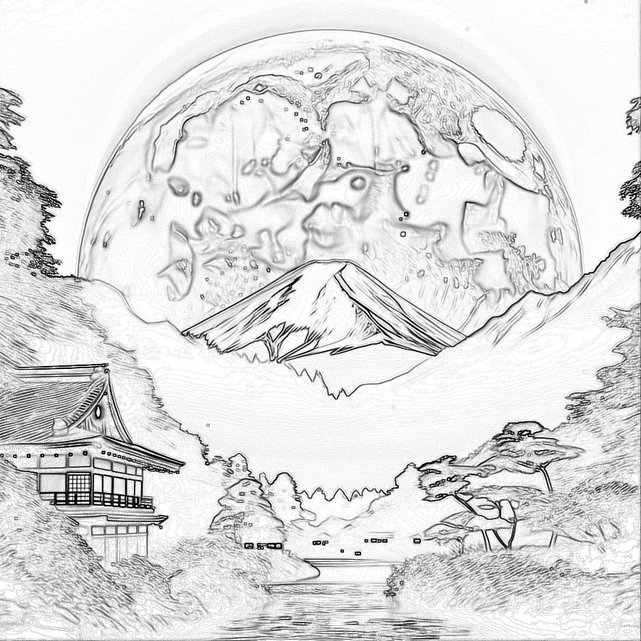 Fuji under a full moon: Tsuki's pencil sketch