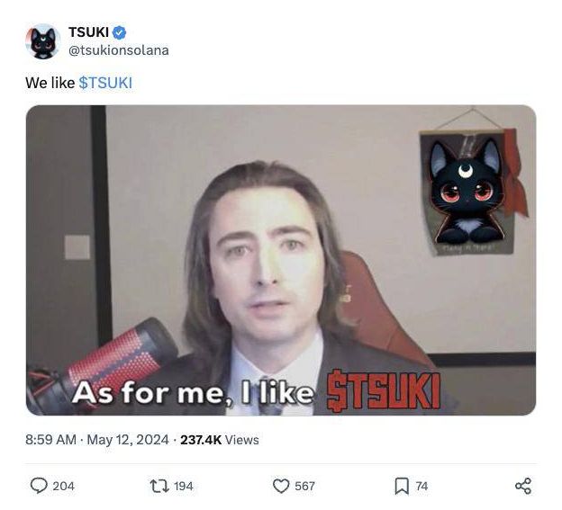 Tsuki's launch-day post: a Roaring Kitty meme captioned As for me, I like $TSUKI